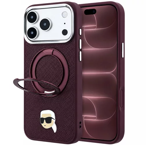 Karl Lagerfeld - Leather Ring Stand 360 K Pin MagSafe (KLHMP18XPSRSKLHR) - iPhone 18 Pro Max / iPhone 17 Pro Max - Burgundy