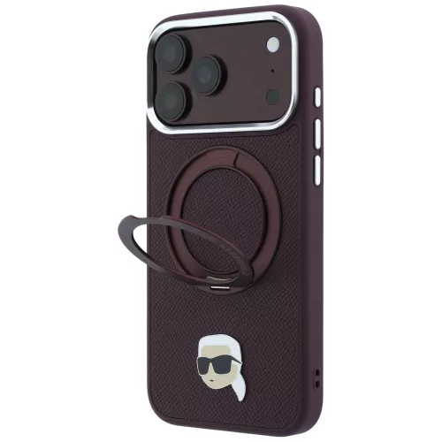 Karl Lagerfeld - Leather Ring Stand 360 K Pin MagSafe (KLHMP18XPSRSKLHR) - iPhone 18 Pro Max / iPhone 17 Pro Max - Burgundy