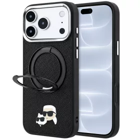   Karl Lagerfeld - Leather Ring Stand 360 KC Pin MagSafe (KLHMP18LPSRSKCHK) - iPhone 18 Pro / iPhone 17 Pro - Black