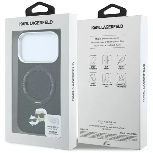 Karl Lagerfeld - Leather Ring Stand 360 KC Pin MagSafe (KLHMP18LPSRSKCHK) - iPhone 18 Pro / iPhone 17 Pro - Black