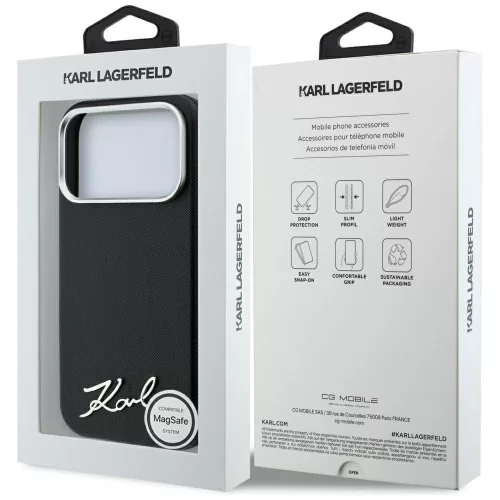 Karl Lagerfeld - Saffiano Small Script Metal Logo MagSafe (KLHMP18L6PWSKSK) - iPhone 18 Pro / iPhone 17 Pro - Black
