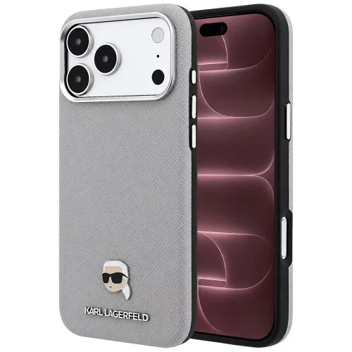 Karl Lagerfeld - Grained Leather KH Metal MagSafe (KLHMP18X6PSKHLG) - iPhone 18 Pro Max / iPhone 17 Pro Max - Gray