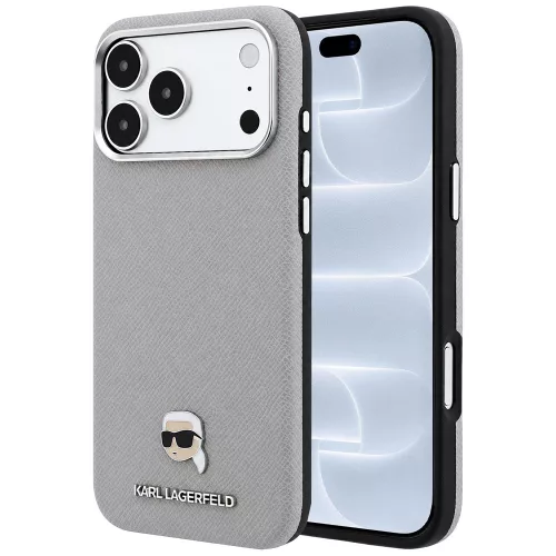 Karl Lagerfeld - Grained Leather KH Metal MagSafe (KLHMP18L6PSKHLG) - iPhone 18 Pro / iPhone 17 Pro - Gray