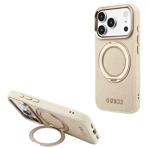 Guess - Grained Leather Ring Stand 360 Classic Logo MagSafe (GUHMP18L6PSGRSCLE) - iPhone 18 Pro / iPhone 17 Pro - Beige