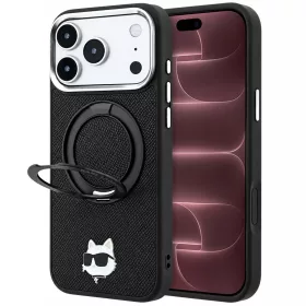  Karl Lagerfeld - Leather Ring Stand 360 C Pin MagSafe (KLHMP18XPSRSCHHK) - iPhone 18 Pro Max / iPhone 17 Pro Max - Black