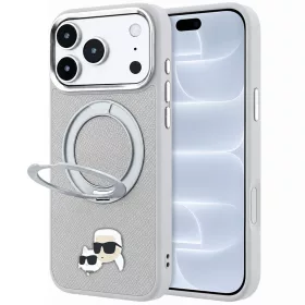  Karl Lagerfeld - Leather Ring Stand 360 KC Pin MagSafe (KLHMP18LPSRSKCHG) - iPhone 18 Pro / iPhone 17 Pro - Grey