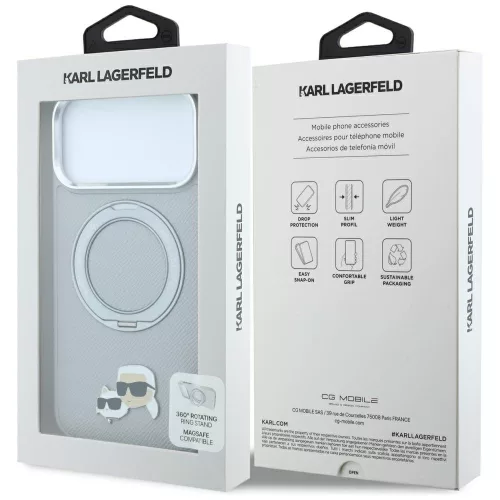 Karl Lagerfeld - Leather Ring Stand 360 KC Pin MagSafe (KLHMP18LPSRSKCHG) - iPhone 18 Pro / iPhone 17 Pro - Grey