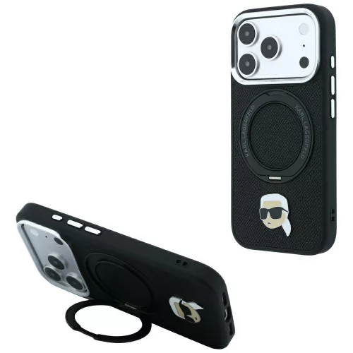 Karl Lagerfeld - Leather Ring Stand 360 K Pin MagSafe (KLHMP18XPSRSKLHK) - iPhone 18 Pro Max / iPhone 17 Pro Max - Black