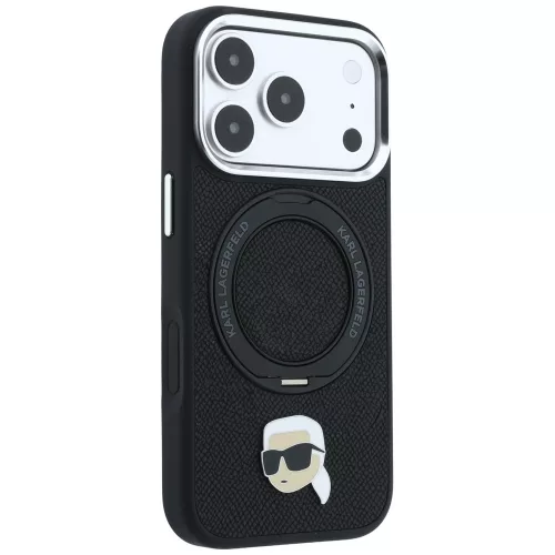 Karl Lagerfeld - Leather Ring Stand 360 K Pin MagSafe (KLHMP18XPSRSKLHK) - iPhone 18 Pro Max / iPhone 17 Pro Max - Black