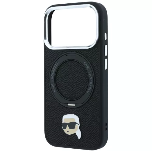 Karl Lagerfeld - Leather Ring Stand 360 K Pin MagSafe (KLHMP18XPSRSKLHK) - iPhone 18 Pro Max / iPhone 17 Pro Max - Black