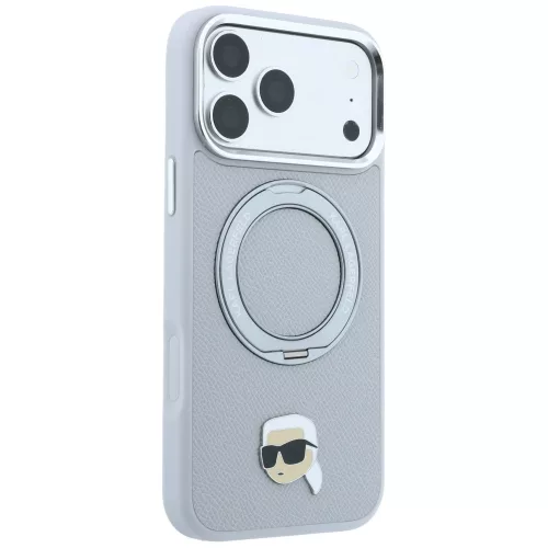 Karl Lagerfeld - Leather Ring Stand 360 K Pin MagSafe (KLHMP18XPSRSKLHG) - iPhone 18 Pro Max / iPhone 17 Pro Max - Grey