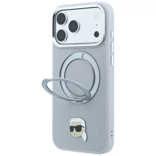 Karl Lagerfeld - Leather Ring Stand 360 K Pin MagSafe (KLHMP18XPSRSKLHG) - iPhone 18 Pro Max / iPhone 17 Pro Max - Grey