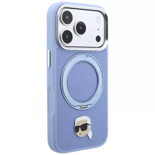 Karl Lagerfeld - Leather Ring Stand 360 K Pin MagSafe (KLHMP18XPSRSKLHB) - iPhone 18 Pro Max / iPhone 17 Pro Max - Light Blue