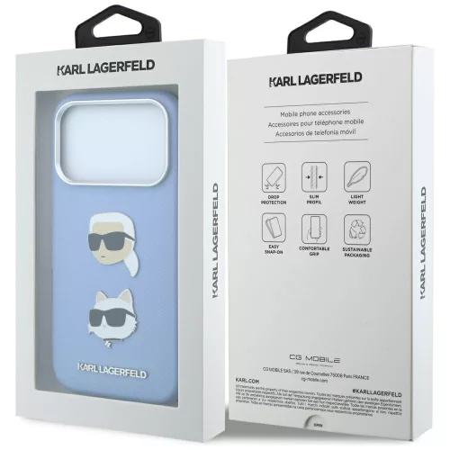 Karl Lagerfeld - Saffiano with K&C Heads Pins and Logo (KLHCP18LPSWFDHPB) - iPhone 18 Pro / iPhone 17 Pro - Light Blue