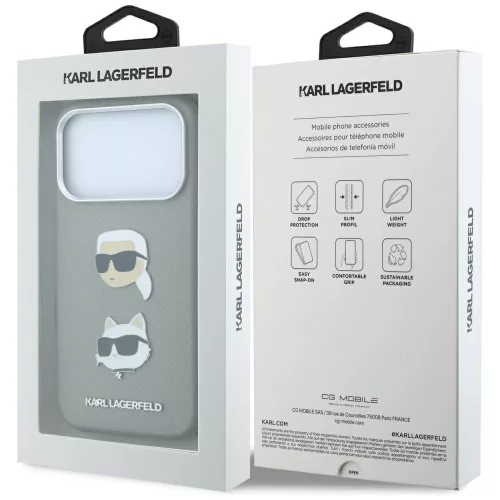 Karl Lagerfeld - Saffiano with K&C Heads Pins and Logo (KLHCP18LPSWFDHPG) - iPhone 18 Pro / iPhone 17 Pro - Grey