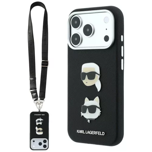 Karl Lagerfeld - Saffiano K&C Heads Pins and Logo Crossbody (KLHCP18XPSWFDHPSK) - iPhone 18 Pro Max / iPhone 17 Pro Max - Black