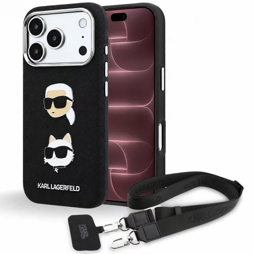 Karl Lagerfeld - Saffiano K&C Heads Pins and Logo Crossbody (KLHCP18XPSWFDHPSK) - iPhone 18 Pro Max / iPhone 17 Pro Max - Black
