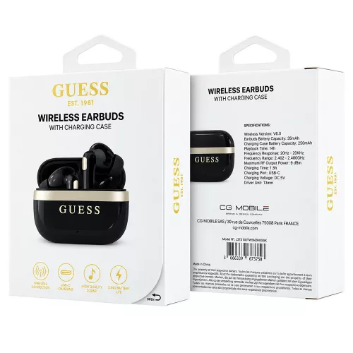Guess - Wireless Earbuds Glossy Gold Line Printed Classic Logo (GUTWSN2HGGSK) - Bluetooth, TWS, Microphone, In-ear - Black