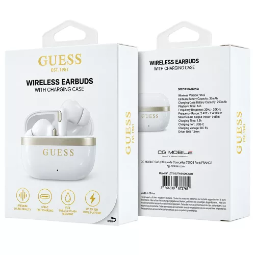 Guess - Wireless Earbuds Glossy Gold Line Printed Classic Logo (GUTWSN2HGGSH) - Bluetooth, TWS, Microphone, In-ear - White