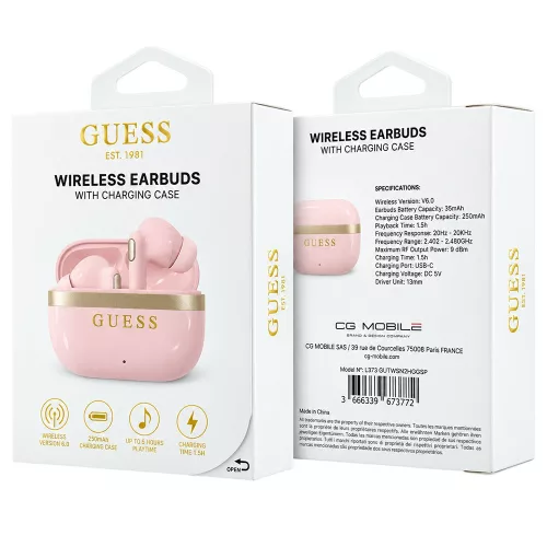 Guess - Wireless Earbuds Glossy Gold Line Printed Classic Logo (GUTWSN2HGGSP) - Bluetooth, TWS, Microphone, In-ear - Pink
