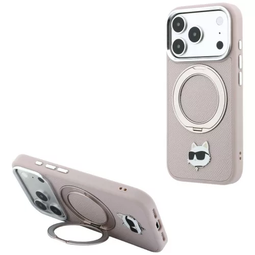 Karl Lagerfeld - Leather Ring Stand 360 C Pin MagSafe (KLHMP18XPSRSCHHP) - iPhone 18 Pro Max / iPhone 17 Pro Max - Pink