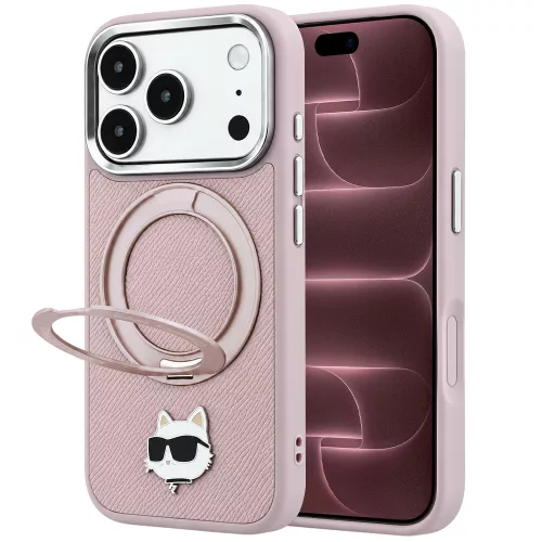 Karl Lagerfeld - Leather Ring Stand 360 C Pin MagSafe (KLHMP18XPSRSCHHP) - iPhone 18 Pro Max / iPhone 17 Pro Max - Pink