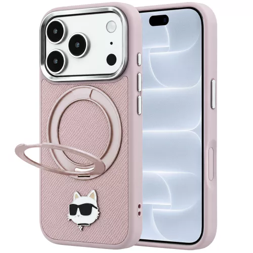 Karl Lagerfeld - Leather Ring Stand 360 C Pin MagSafe (KLHMP18LPSRSCHHP) - iPhone 18 Pro / iPhone 17 Pro - Pink