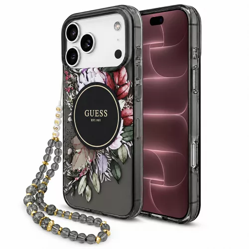 Guess - IML Flowers with Pearl Strap MagSafe (GUHMP18XHFWBRCESK) - iPhone 18 Pro Max / iPhone 17 Pro Max - Black
