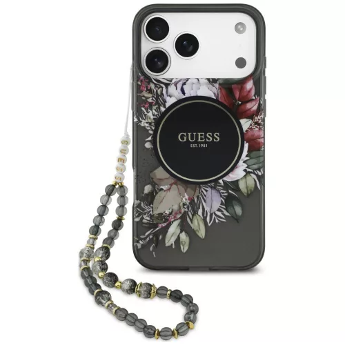 Guess - IML Flowers with Pearl Strap MagSafe (GUHMP18LHFWBRCESK) - iPhone 18 Pro / iPhone 17 Pro - Black