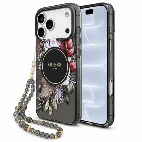 Guess - IML Flowers with Pearl Strap MagSafe (GUHMP18LHFWBRCESK) - iPhone 18 Pro / iPhone 17 Pro - Black