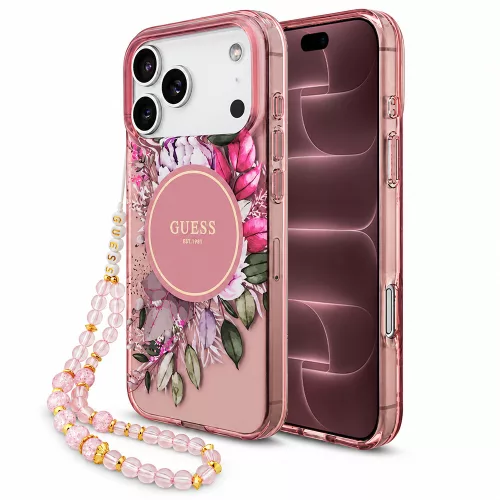 Guess - IML Flowers with Pearl Strap MagSafe (GUHMP18XHFWBRCESP) - iPhone 18 Pro Max / iPhone 17 Pro Max - Pink
