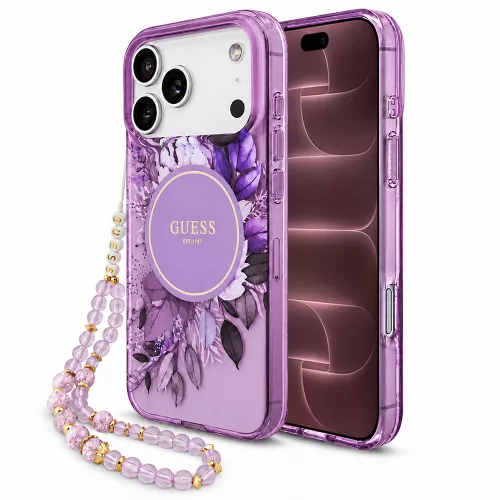 Guess - IML Flowers with Pearl Strap MagSafe (GUHMP18XHFWBRCESU) - iPhone 18 Pro Max / iPhone 17 Pro Max - Purple