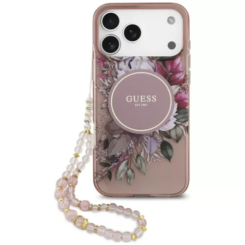 Guess - IML Flowers with Pearl Strap MagSafe (GUHMP18LHFWBRCESP) - iPhone 18 Pro / iPhone 17 Pro - Pink
