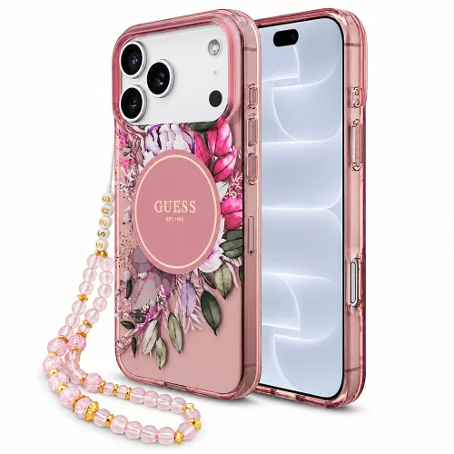 Guess - IML Flowers with Pearl Strap MagSafe (GUHMP18LHFWBRCESP) - iPhone 18 Pro / iPhone 17 Pro - Pink