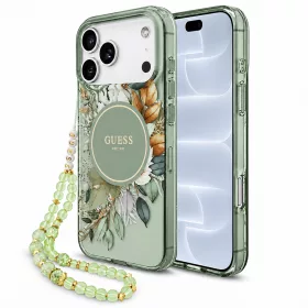   Guess - IML Flowers with Pearl Strap MagSafe (GUHMP18LHFWBRCESN) - iPhone 18 Pro / iPhone 17 Pro - Green