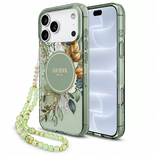 Guess - IML Flowers with Pearl Strap MagSafe (GUHMP18LHFWBRCESN) - iPhone 18 Pro / iPhone 17 Pro - Green