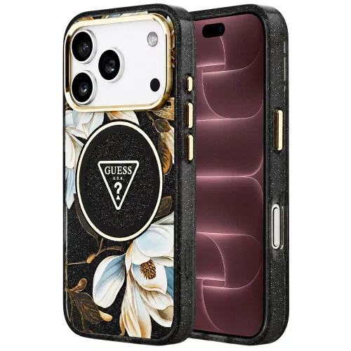 Guess - IML Metal Glitter Flowers Triangle MagSafe (GUHMP18XHFLPEDK) - iPhone 18 Pro Max / iPhone 17 Pro Max - Black