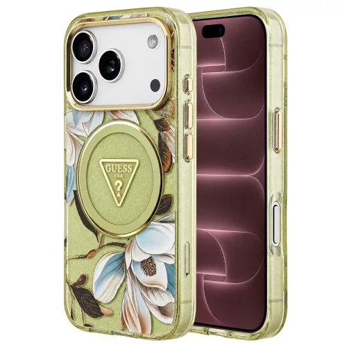 Guess - IML Metal Glitter Flowers Triangle MagSafe (GUHMP18XHFLPEDN) - iPhone 18 Pro Max / iPhone 17 Pro Max - Green