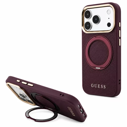 Guess - Grained Leather Ring Stand 360 Classic Logo MagSafe (GUHMP18L6PSGRSCLU) - iPhone 18 Pro / iPhone 17 Pro - Burgundy